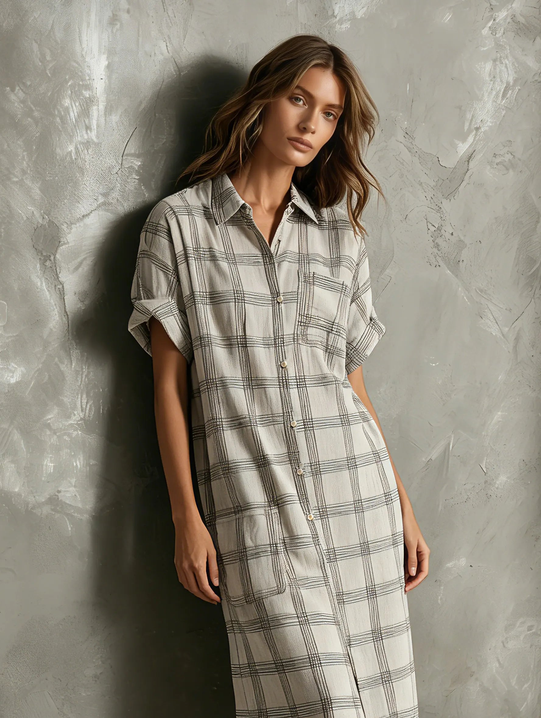 Women's Casual Light Gray Plaid Cotton-Linen Short-Sleeve Shirt Maxi Dress MDZ2466F9LXY