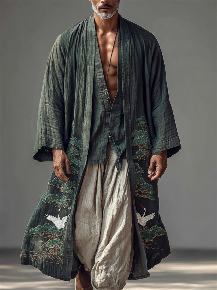 Men's Japanese Cranes Pine Trees Linen Long Kimono