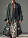 Men's Japanese Cranes Pine Trees Linen Long Kimono