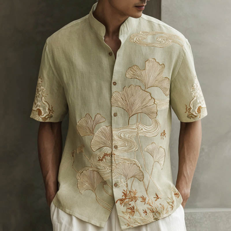 Men's Japanese-style Ginkgo Leaf Pattern Linen Short-sleeved Shirt