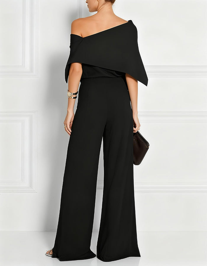 Solid Color Short-sleeved Chiffon Off-the-shoulder Ruffled Jumpsuit