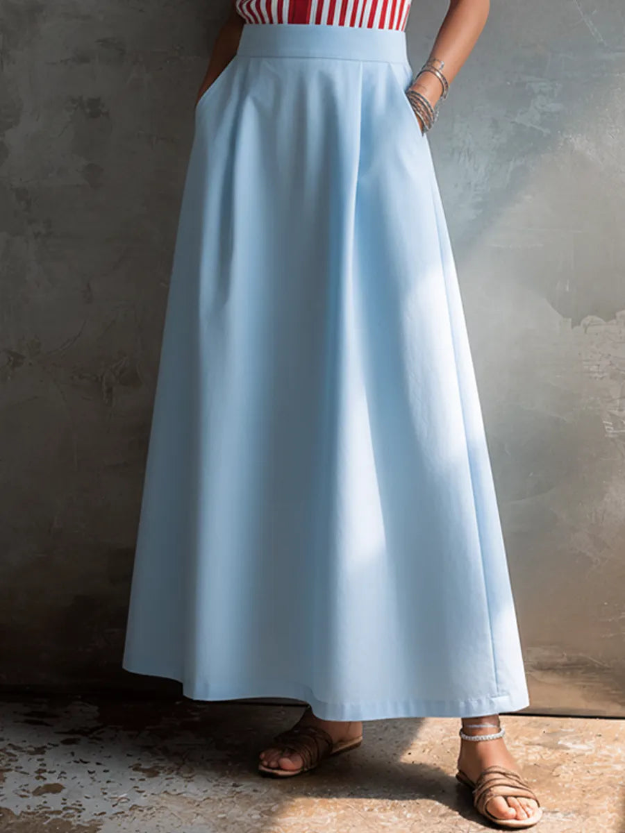 Women's Casual Knit Striped Color-Blocked Collared Top And Light Blue Cotton Blend Long Skirt Set MDZ3088F9GMJ