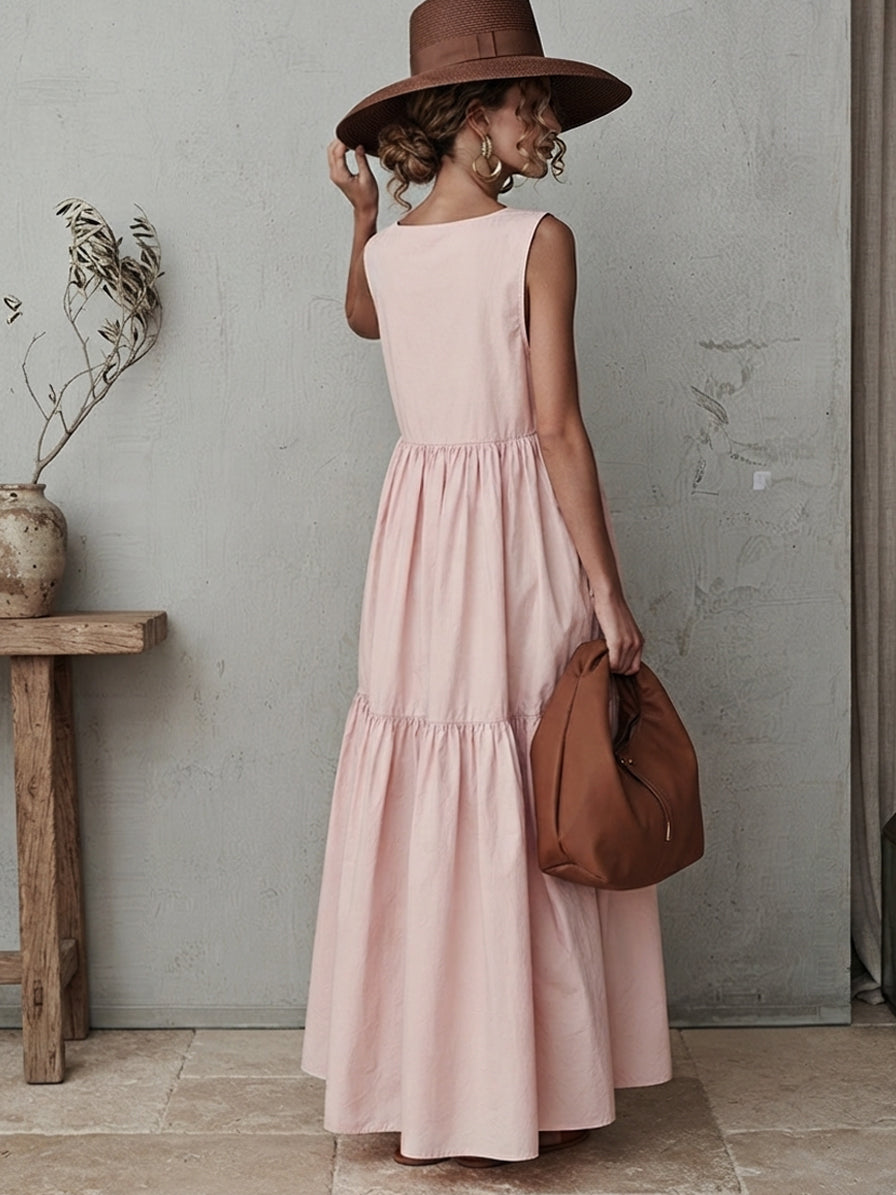 Pink Floral Print Sleeveless Maxi Dress