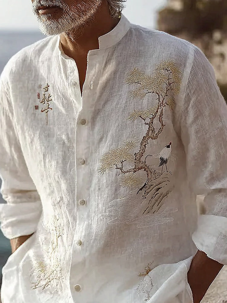 Men's Japanese Pine Tree And Crane Art Shirt