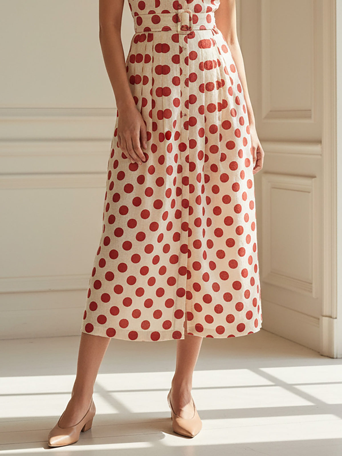 Midi Cotton Dress, Short Sleeves, Stand Collar, Polka Dots, Belt Design, French Vintage, Red