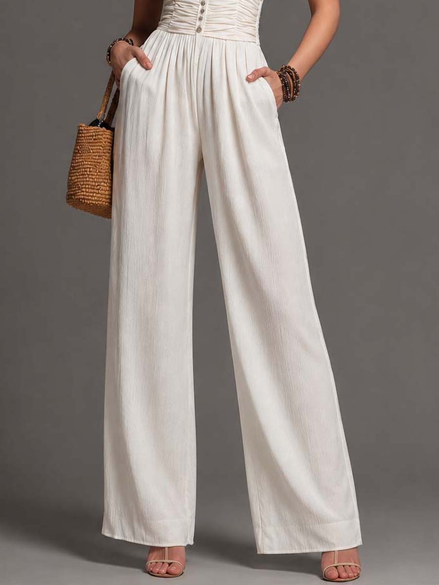 White Crinkled Cotton-Linen Blend Ruffled Corset Wide-Leg Jumpsuit