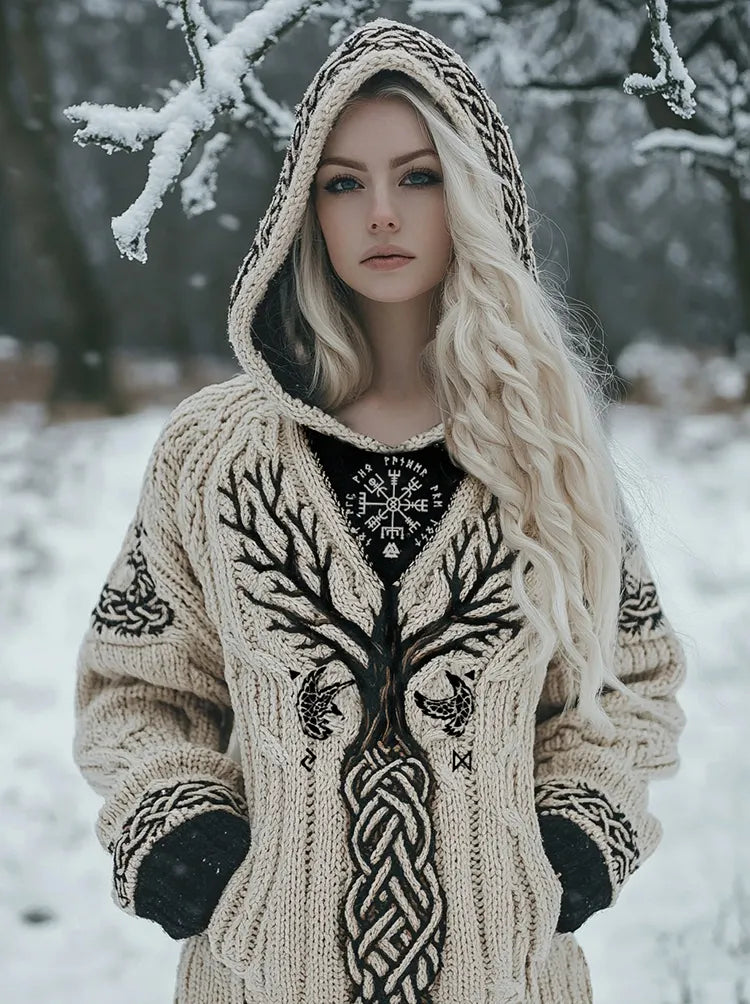 Women's Viking Tribal Tree Of Life Celtic Mythology Chunky Knit Hooded Sweater
