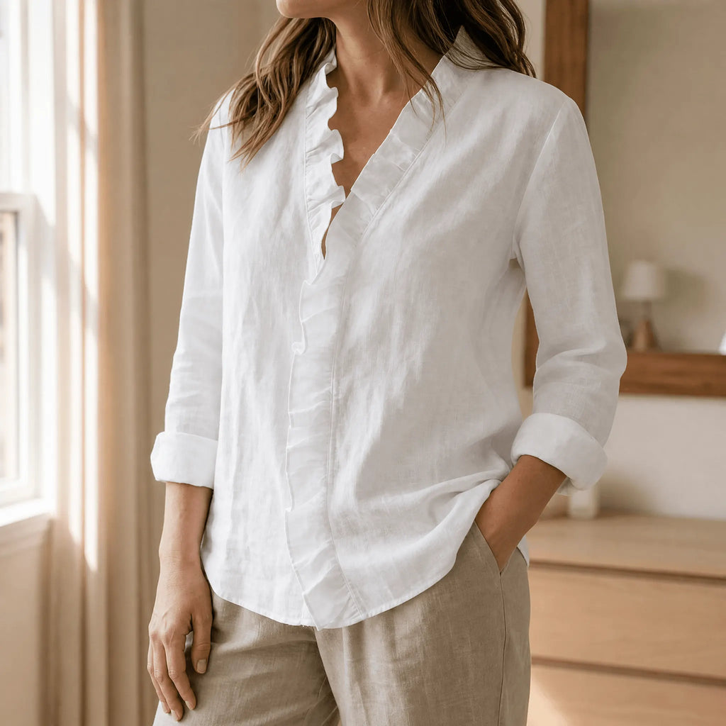 Roselle - Soft Ruffle V-Neck Long Sleeve Blouse