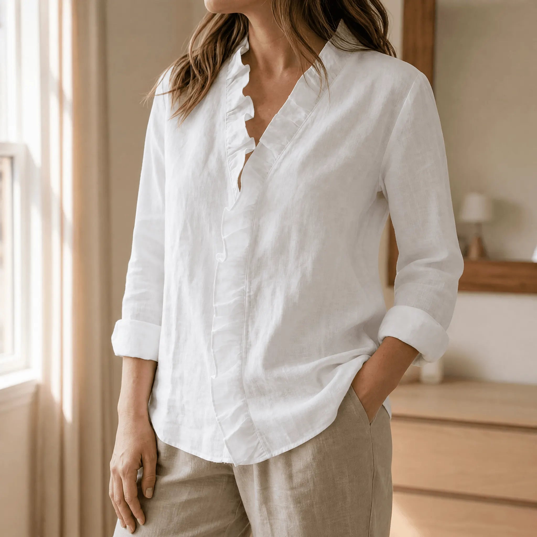 Roselle - Soft Ruffle V-Neck Long Sleeve Blouse