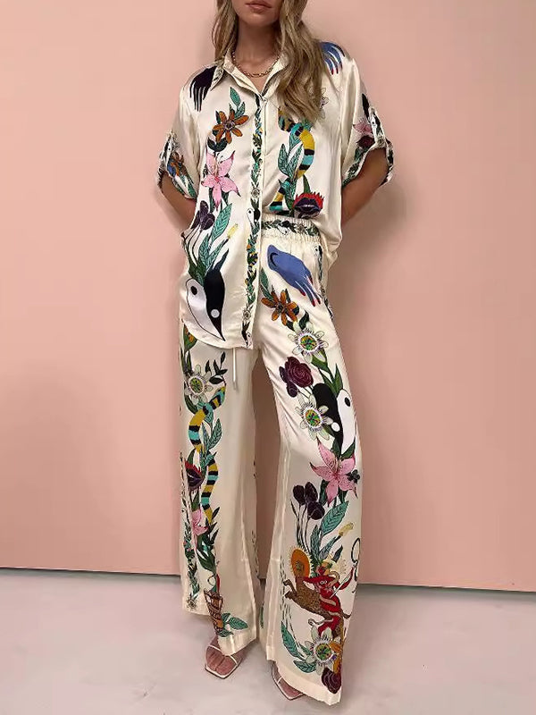 Buttoned Drawstring Elasticity Flower Print Pockets Half Sleeves Loose Lapel Two Pieces Set Pants Set