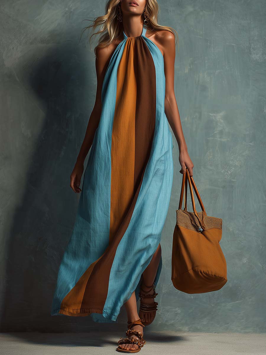 Retro Bohemian Halter Neck Blue And Brown Color-blocked Cotton And Linen Maxi Dress
