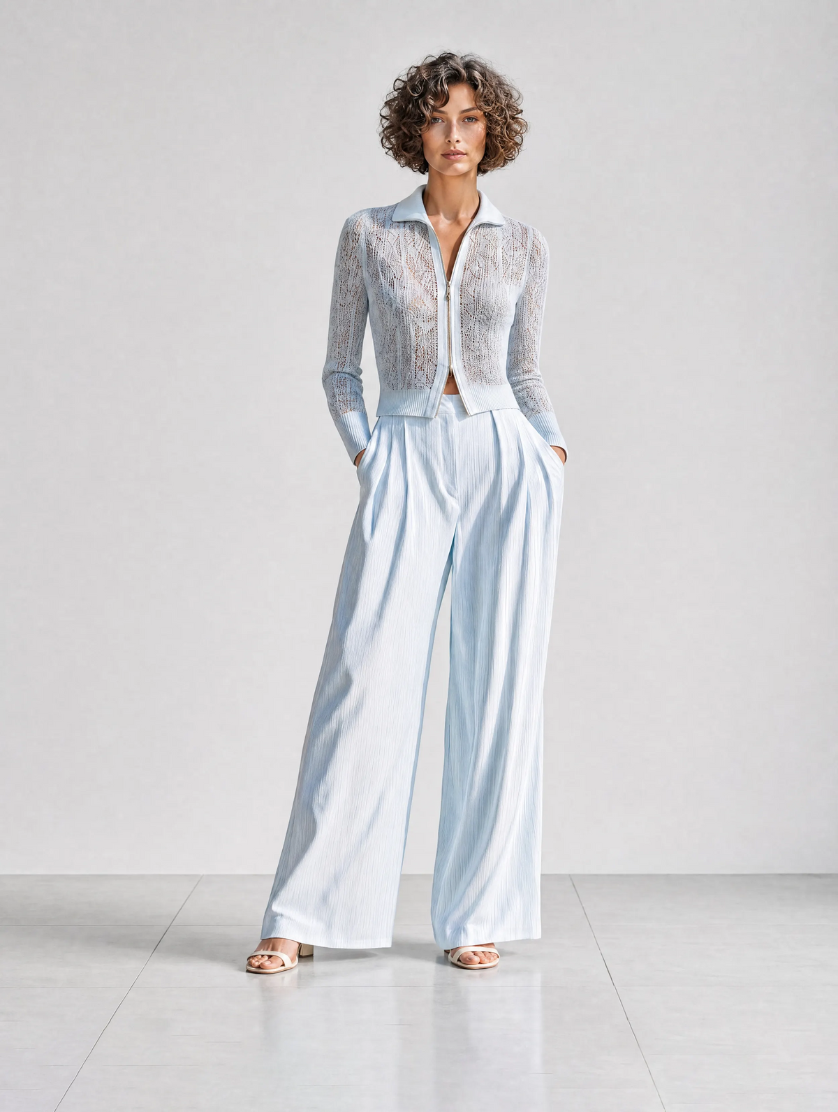 Women's Elegant Casual Light Blue Pointelle-Knit Zip-Up Lapel-Collar Long-Sleeve Cardigan & Wide-Leg Trouser Set MDZ1744G5CMX