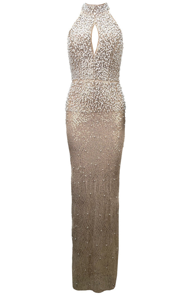 Halter Pearl Sequin Maxi Dress Light Brown