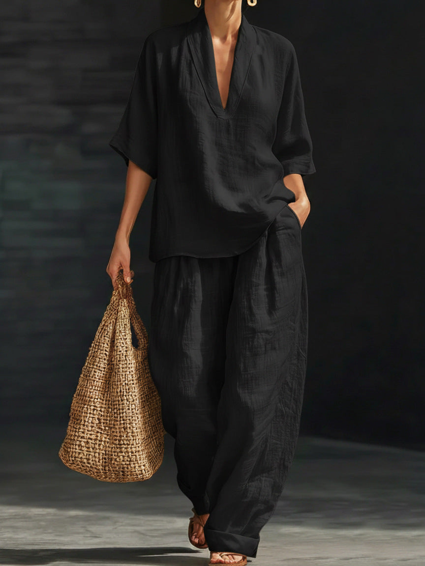 Momocco Coastal Chic 2-Piece Set - V-Neck Linen-Textured Tunic & Wide-Leg Pants Lounge Set