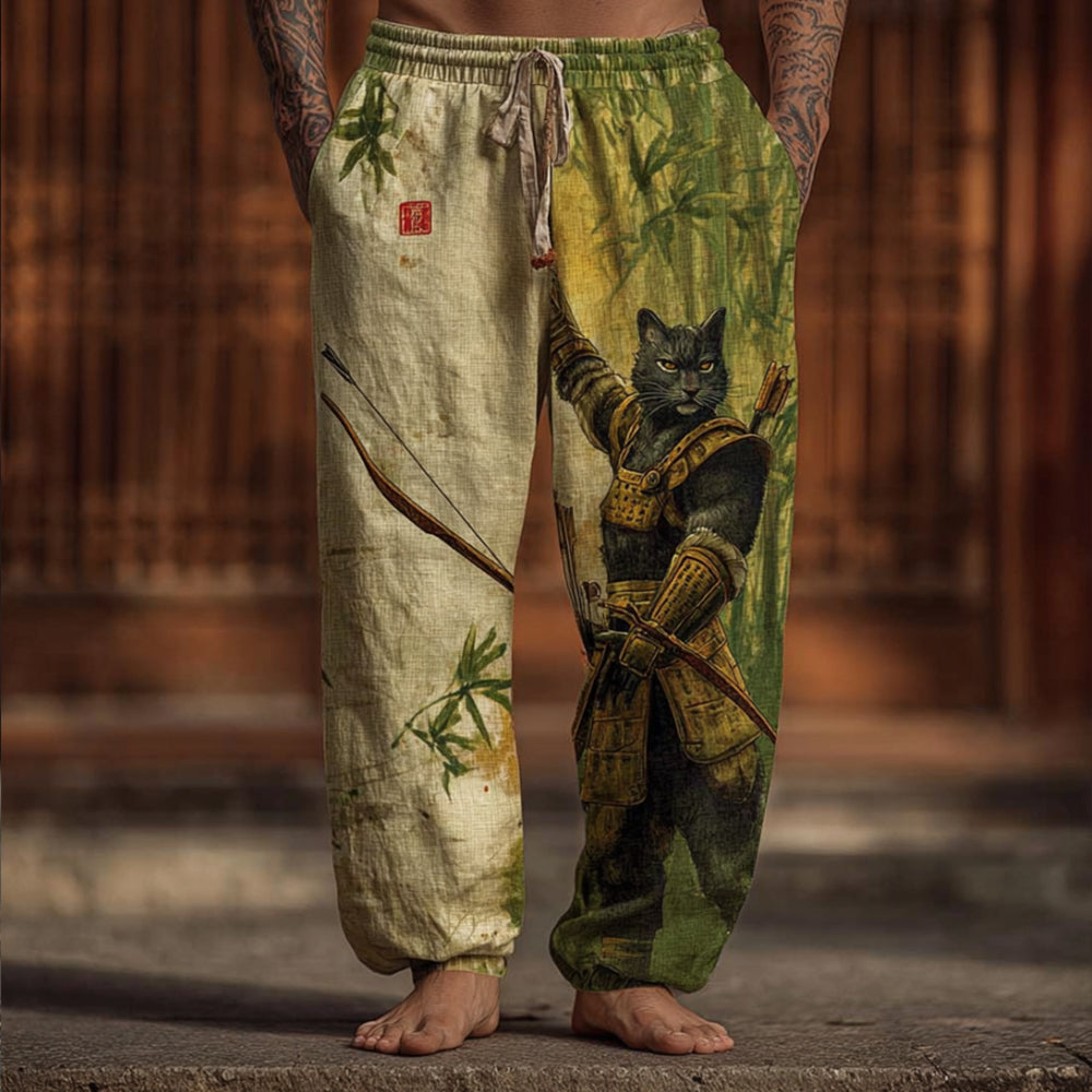 Men's Retro Archery Cat Print Art Linen-blend Casual Pants