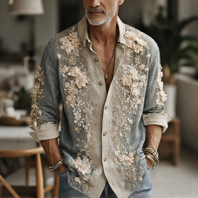 Men's Vintage Gradient Floral Art Casual Button Linen Shirt