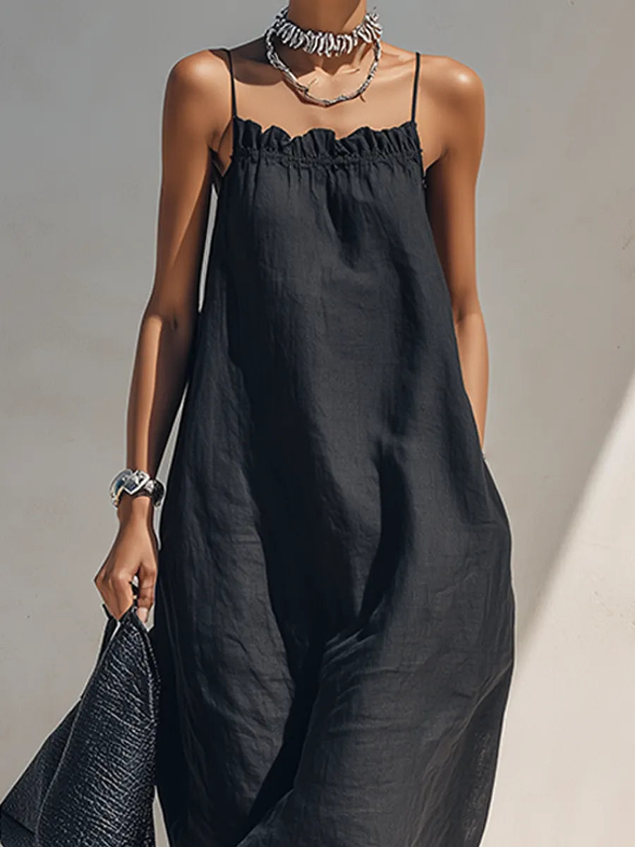 Women's Minimalist Solid Black Ruffle-Neck Maxi Dress With Spaghetti Straps MDZ1738F1ZRK