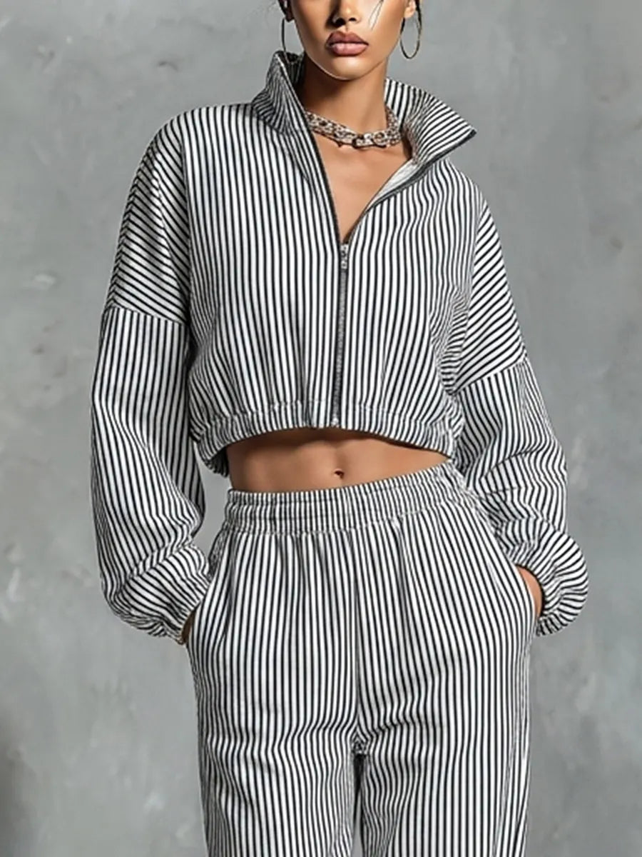 Women’s Black White Vertical Stripe Stand Collar Full Zip Cropped Jacket & Elastic High Waist Wide Leg Pocket Pants Two Piece Tracksuit Set MDZ0287G4T