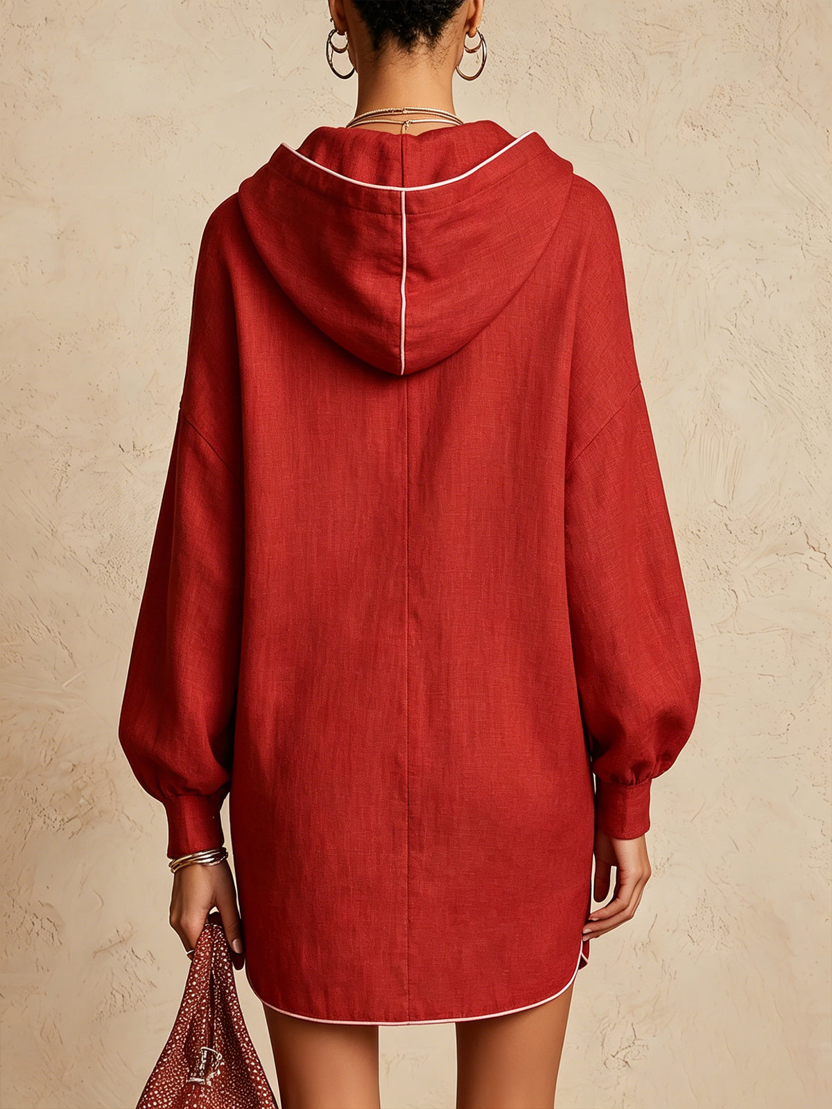 Red Hooded Mini Dress With White Piping And Long Sleeves
