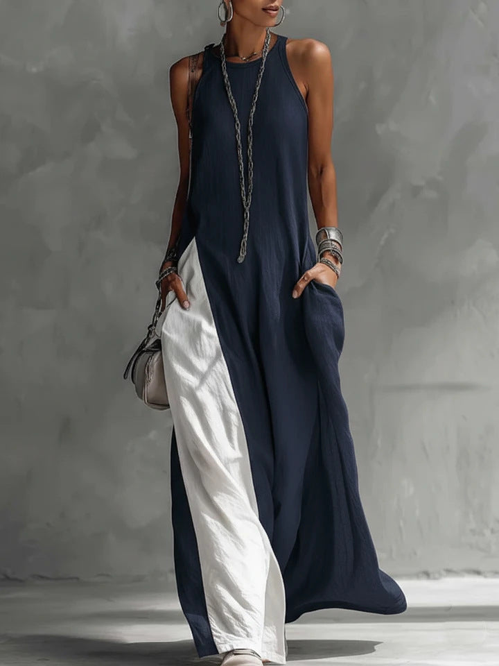 Stylertime Avant-Garde Halter Maxi Dress - Contrast Color-Block Loose Fit Art-Style Gown