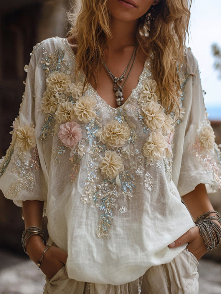 Women's Vintage Embroidered Flower Long-sleeved Casual Top