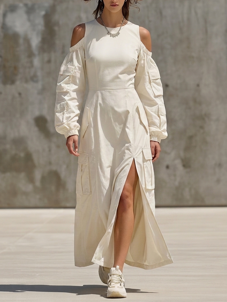 Women's Off White Cotton Blend Cargo Maxi Dress With Cold Shoulder Cutout & Multi Flap Pockets, Streetwear Front Split Long Sleeve Maxi Dress MDZ2259G1LYL