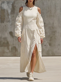 Women's Off White Cotton Blend Cargo Maxi Dress With Cold Shoulder Cutout & Multi Flap Pockets, Streetwear Front Split Long Sleeve Maxi Dress MDZ2259G1LYL