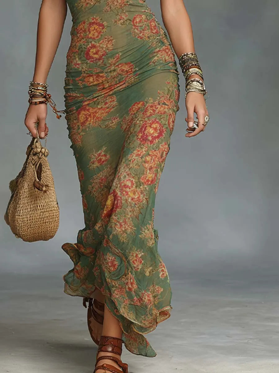 Vintage Floral Print Mesh Flared Maxi Dress