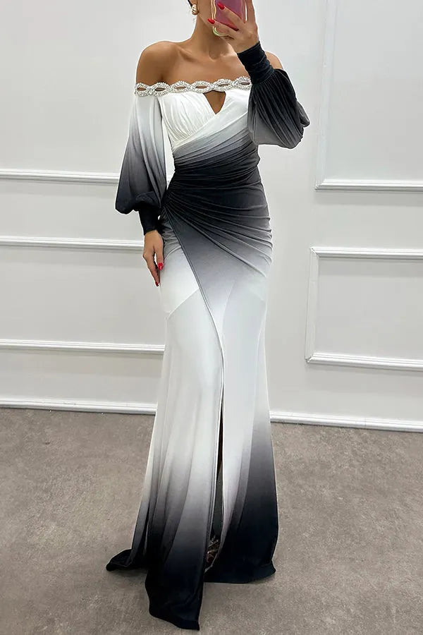 Gradient Print Boat Neck Off Shoulder Gem Detail Slit Gown Maxi Dress