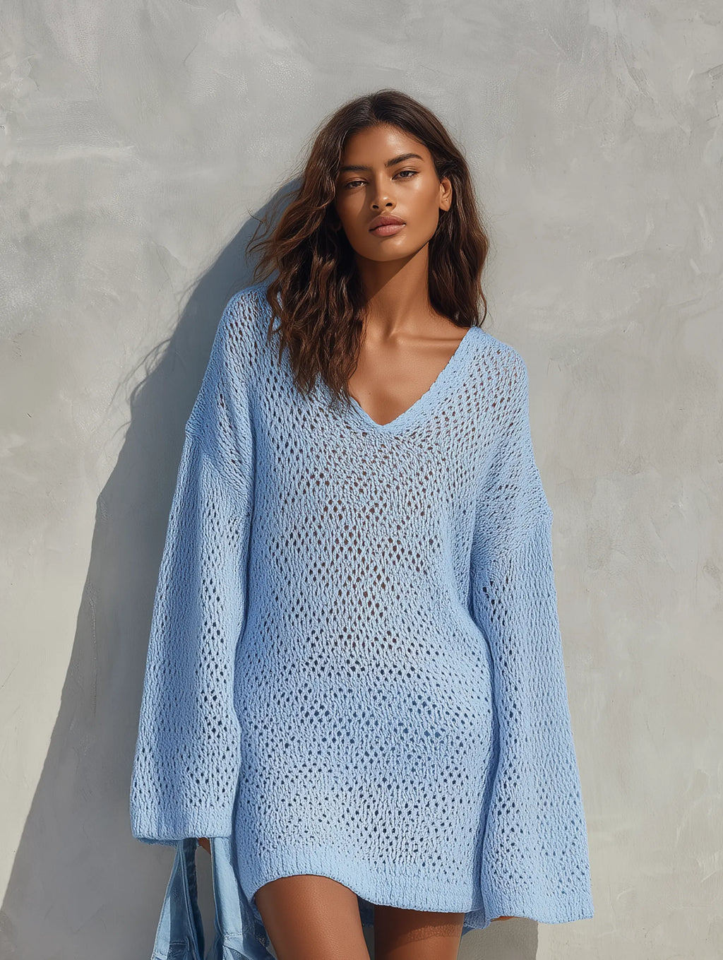Women's Casual Blue Long-sleeve Knit Mini Dress With A V-neck And Cut-out Details MDZ0656G1LXY