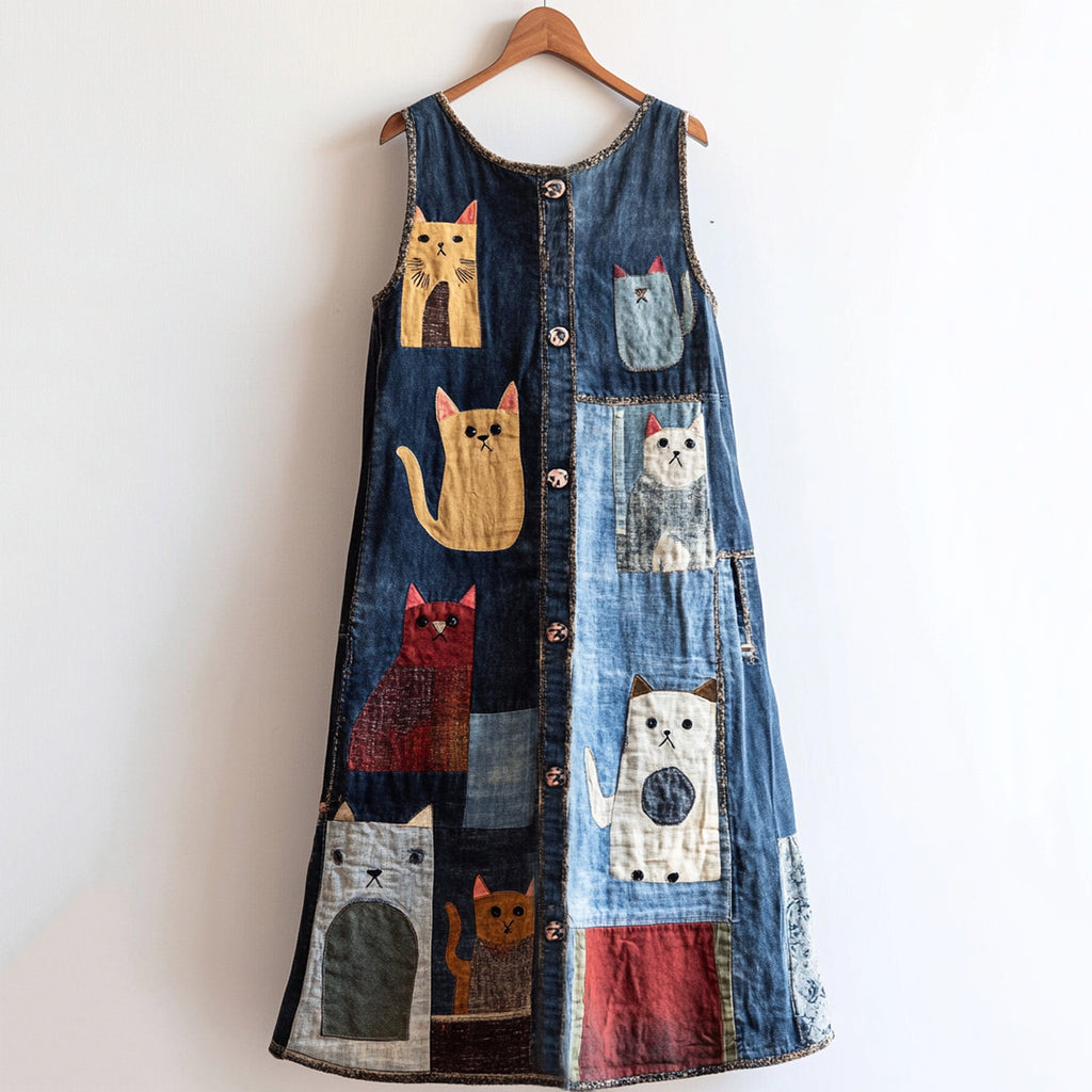 Casual Pop Art Patchwork Denim Cat Print Vest Dress