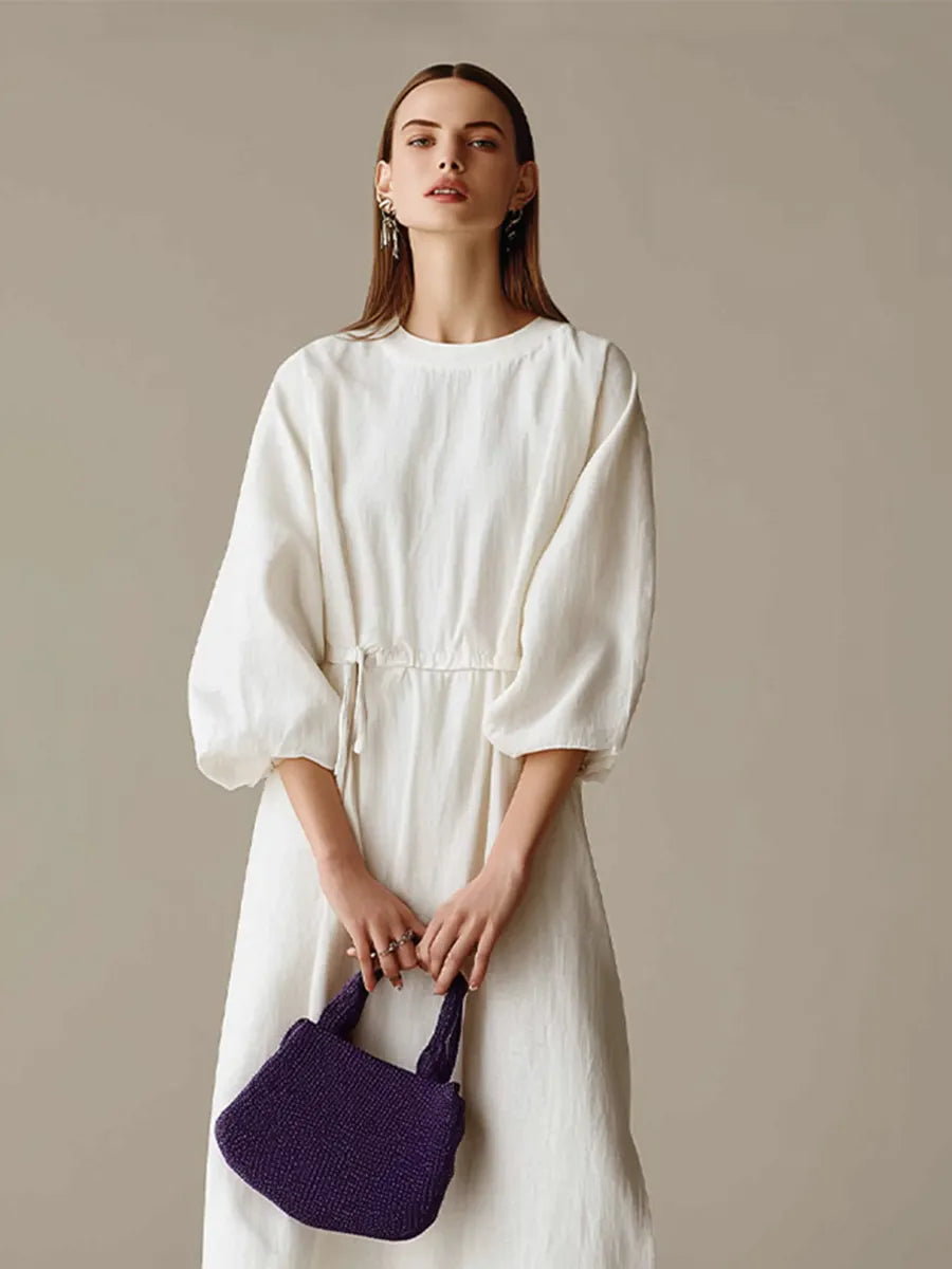 Women's Cream Textured Cotton-Blend Maxi Gown With Drop Shoulder Lantern Sleeves & Self Tie Waist Detail, Modern Effortless-Chic Everyday Maxi Dress MDZ0685G0LYL
