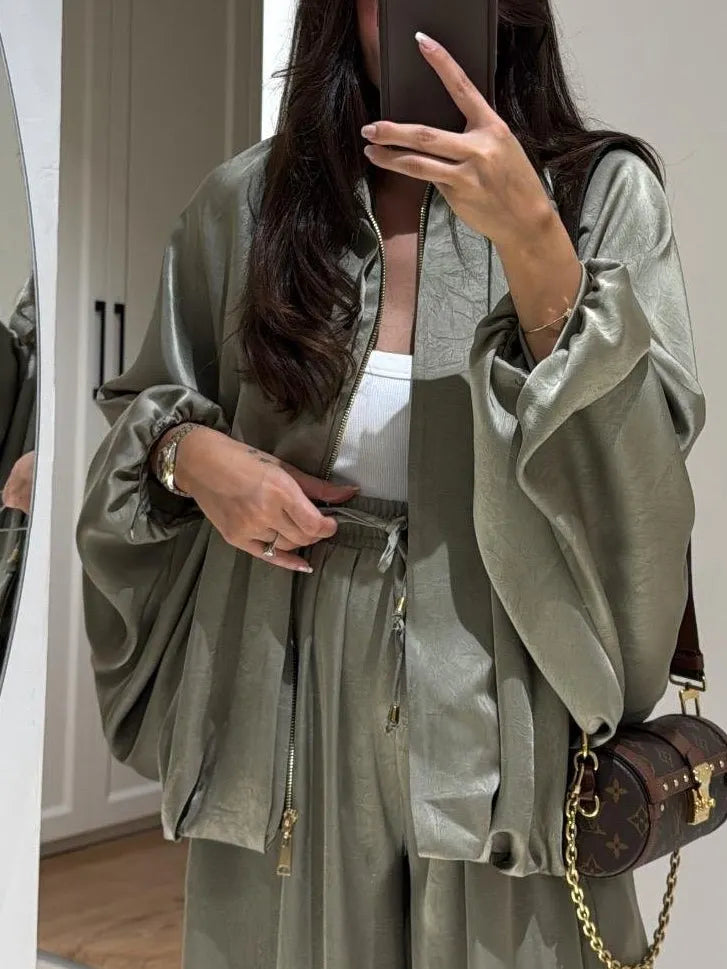 Brown Jacket + Drawstring Pants Casual Two-piece Suit