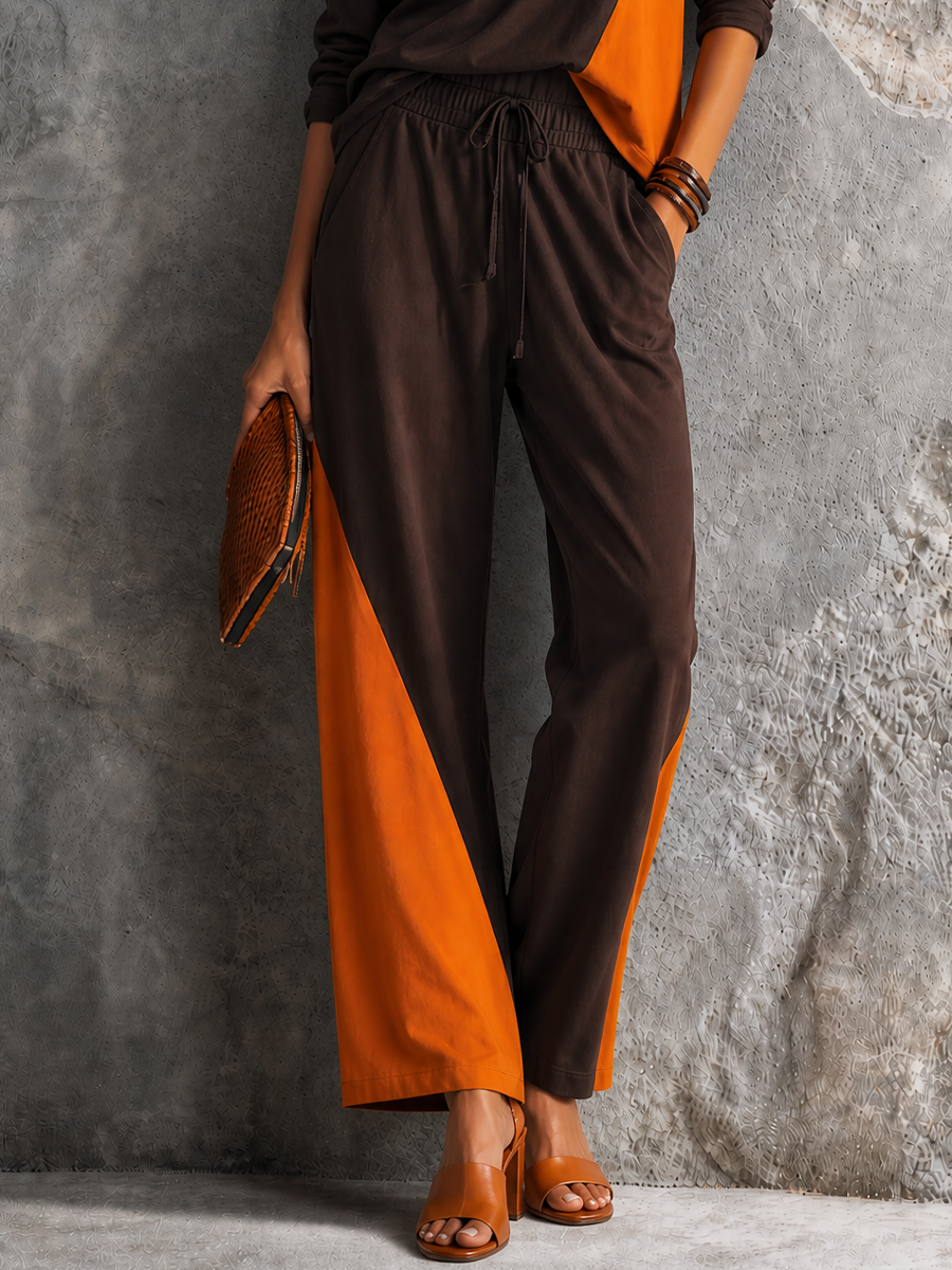 Women's Casual Dark Brown Spliced Orange Cotton Blend Contrast Slice Drawstring Wide Leg Pants Two Piece Set MDZ1329G3GMJ