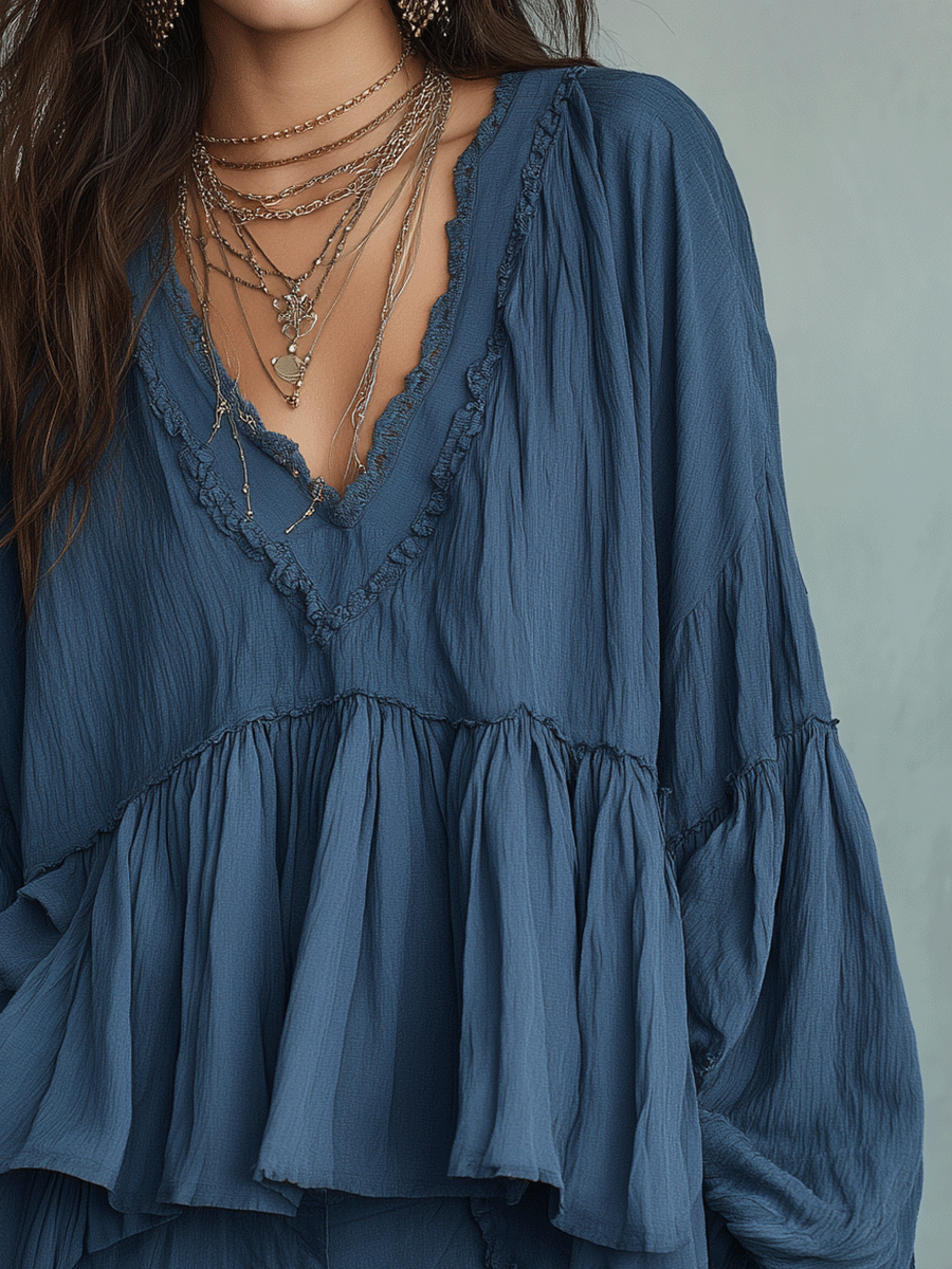 Midnight Blue Bohemian Peplum Blouse