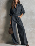 Women's Casual Dark Gray Cotton-linen Long-sleeve Shirt Jumpsuit MDZ2452G0LXY