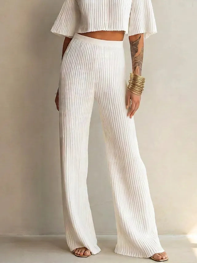 Women's Elegant White Pleated Ribbed Knit Collared Short Flared Sleeve Cropped Top And High-Waist Wide-Leg Pants Two-Piece SetMDZ0999G0ZSQ
