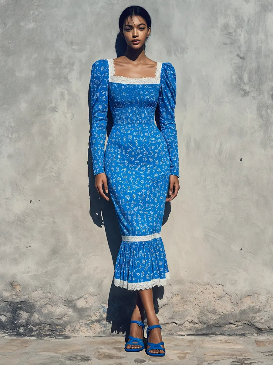 Women’s Bright Blue Ditsy Floral Square White Lace Trim Puff Long Sleeve Smocked Waist Mermaid Midi Dress MDZ0666G0YZJ