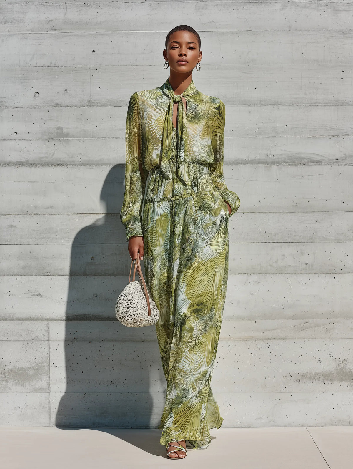 Women's Green Palm Leaf Print Chiffon Tie Neck Long Sleeve Drawstring Waist Side Pocket Maxi Dress MDZ1533G2YZJ