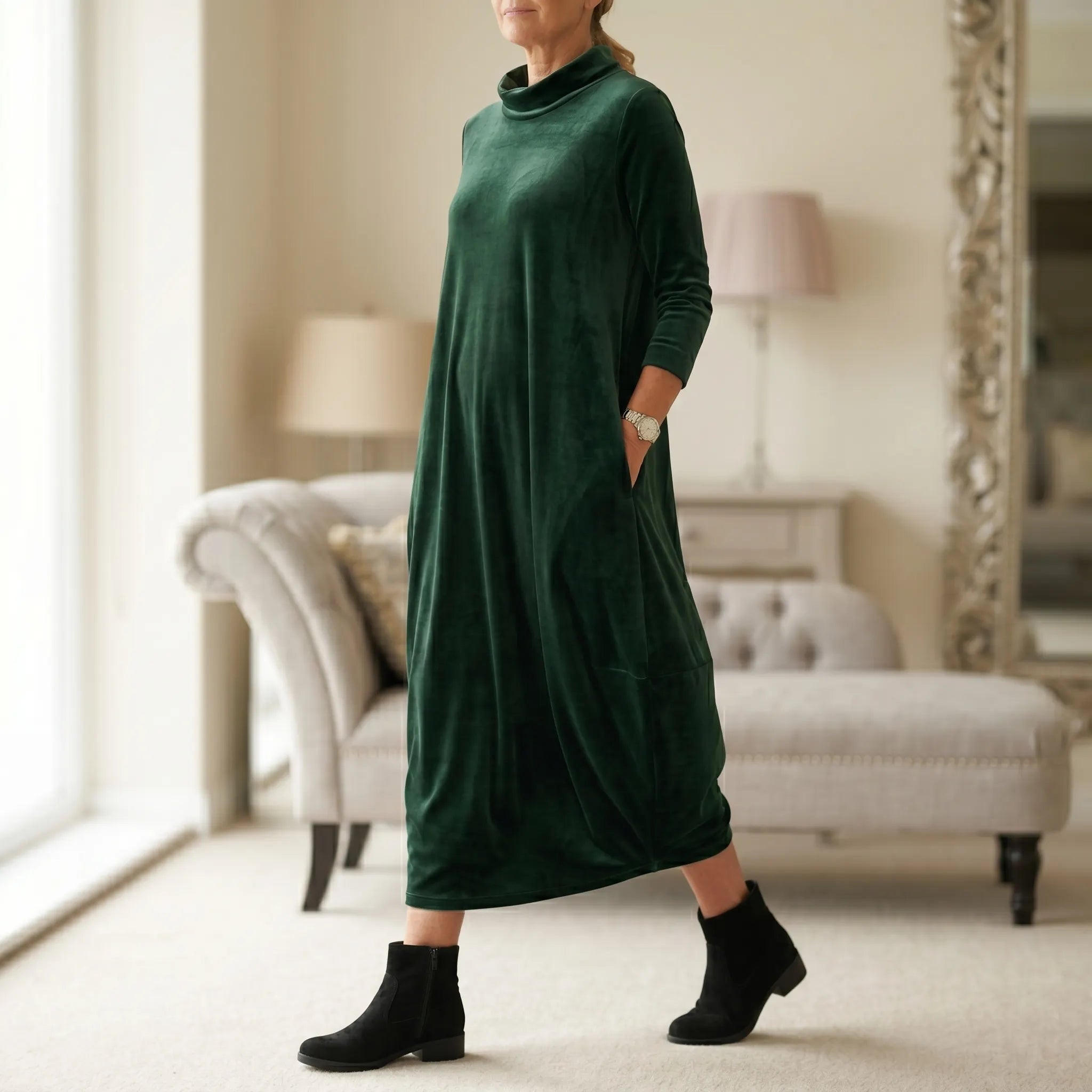 Sofelle – Women's Velvet Cocoon Midi Dress with Pockets