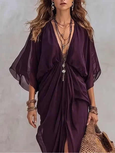 Casual Deep Purple Pleated Chiffon Maxi Dress