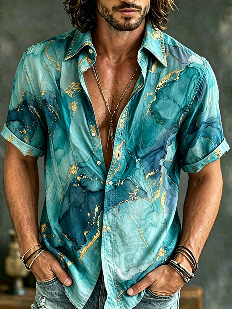 Men's Spring Vintage Marble Art Print Flowy Linen Blend Short Sleeve Shirt