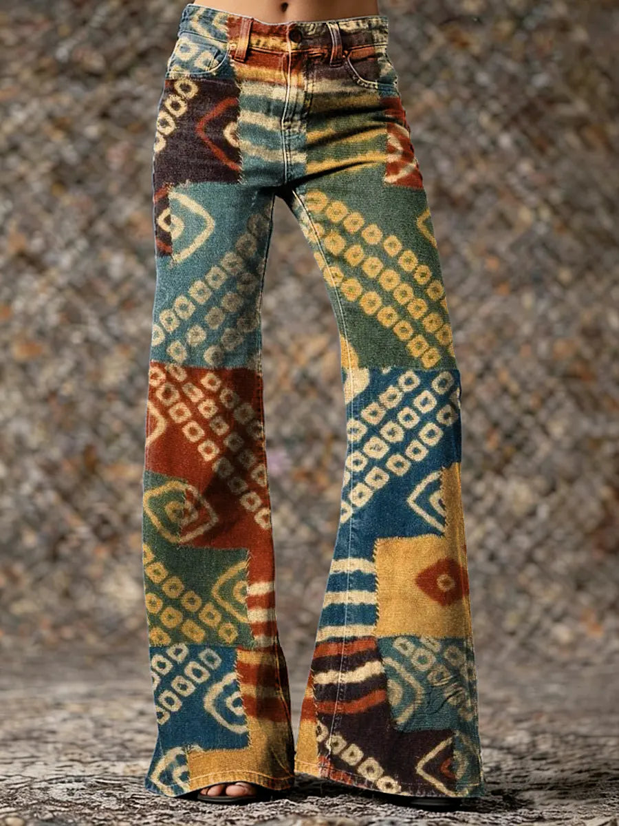 Women's Ethnic Geometric Pattern Art Print Casual Washed Cotton  Pants