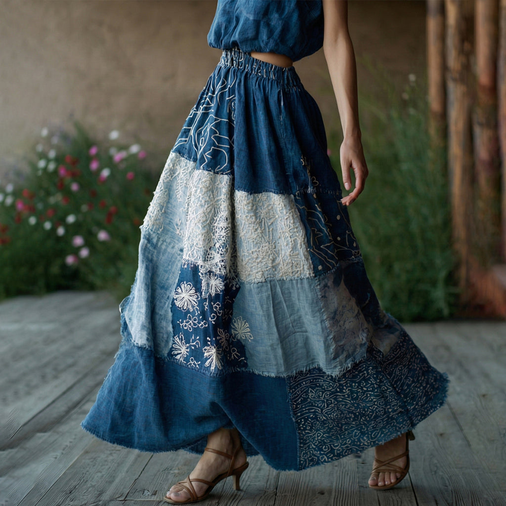 Women's Retro Floral Lace Embroidery Patchwork Art Linen Blend Casual Midi Skirt