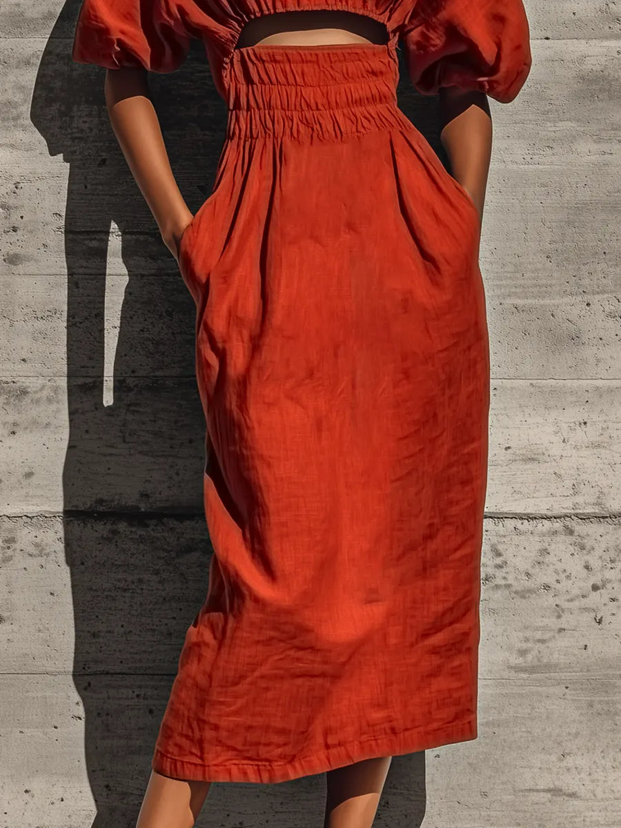 Women’s Rust Linen Blend Round Neck Puff Short Sleeve Midriff Cutout Smocked Waist Side Pocket Midi Dress MDZ0678G9YZJ