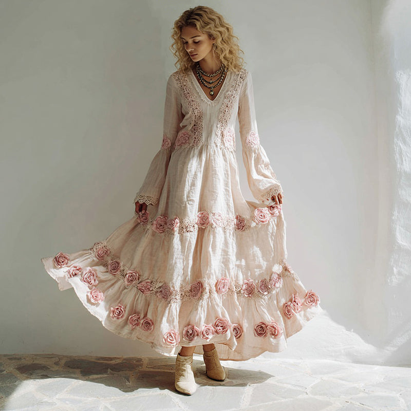 Women's Bohemian Style Rose Patchwork Lace Casual Dress