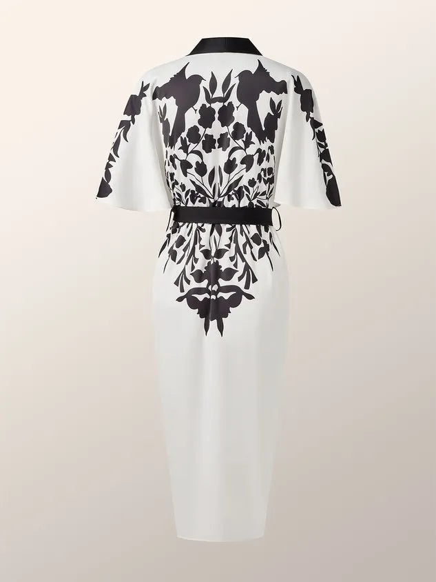 Elegant Floral Printing V Neck Midi Dress With Belt