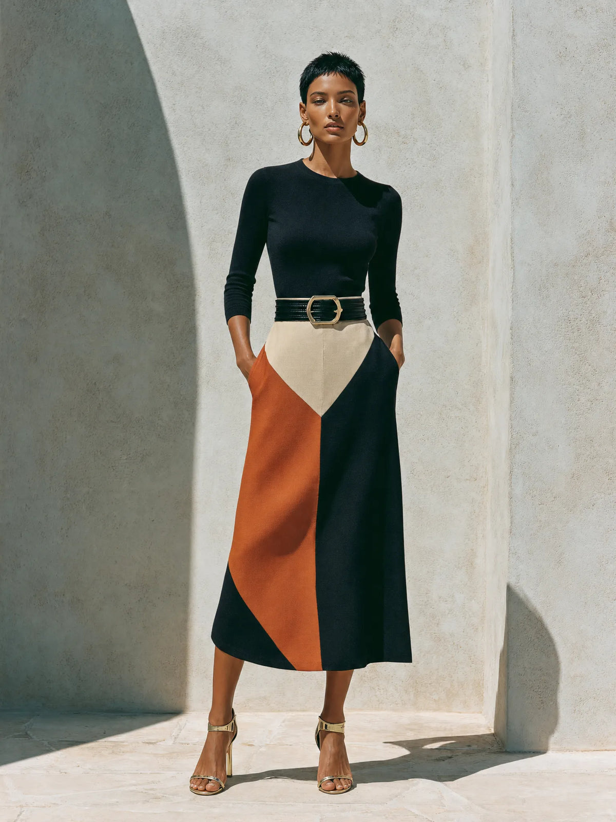Women's Elegant Black Knit Color-Block Belted Long Sleeve A-Line Midi Dress MDZ1771G3ZSQ
