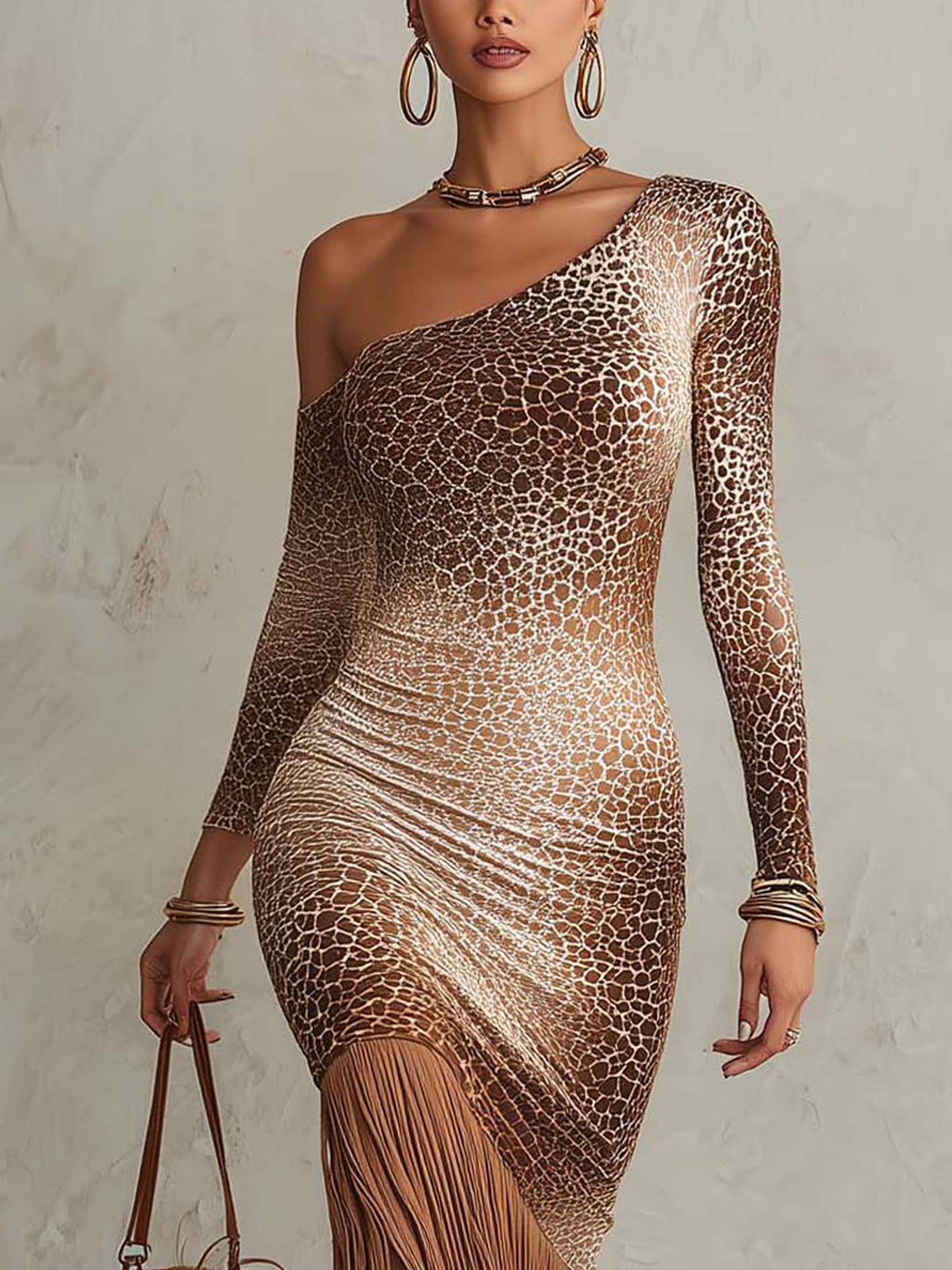 Brown Ombre Leopard Print Bodycon Midi Dress With Faux Suede Fringe Hem