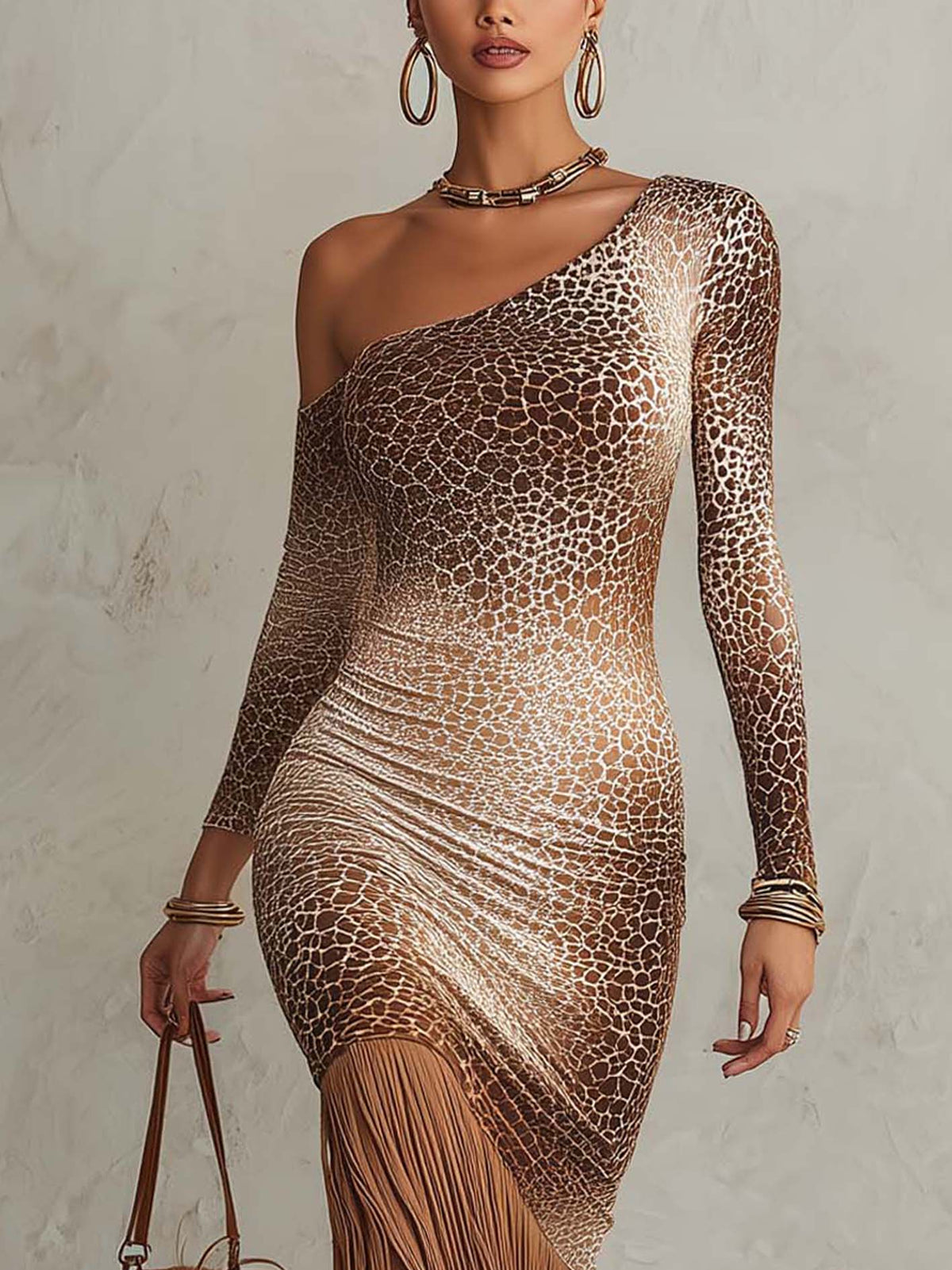 Brown Ombre Leopard Print Bodycon Midi Dress With Faux Suede Fringe Hem